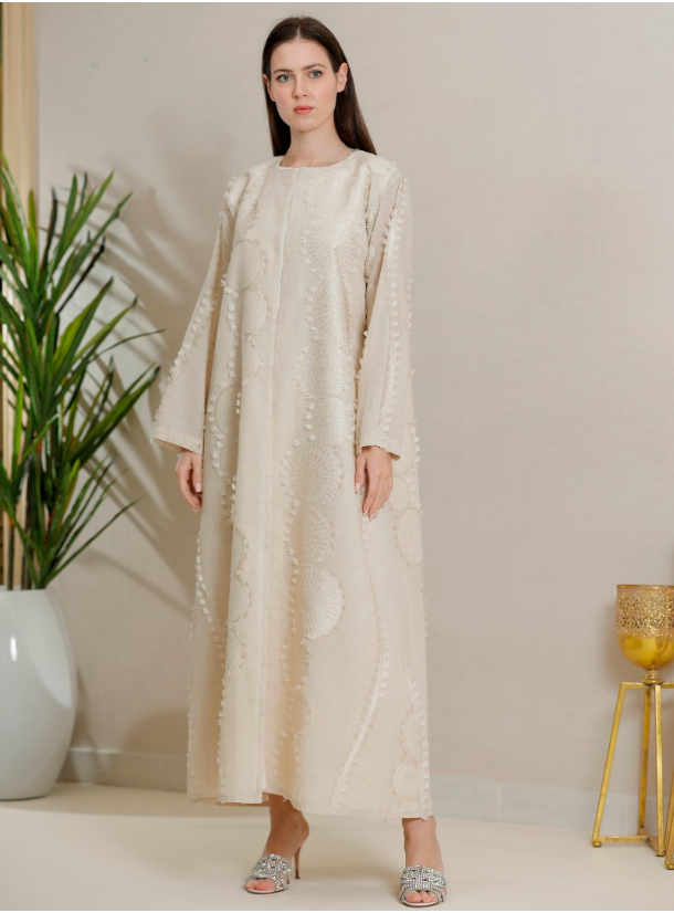 Abaya Set Cream Abaya Inner Dress Set Featuring A Textured