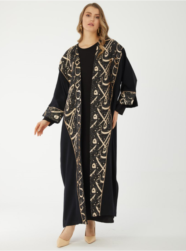 Bisht Abaya Black Bisht Abaya With Arabic Calligraphy With Inner Dress