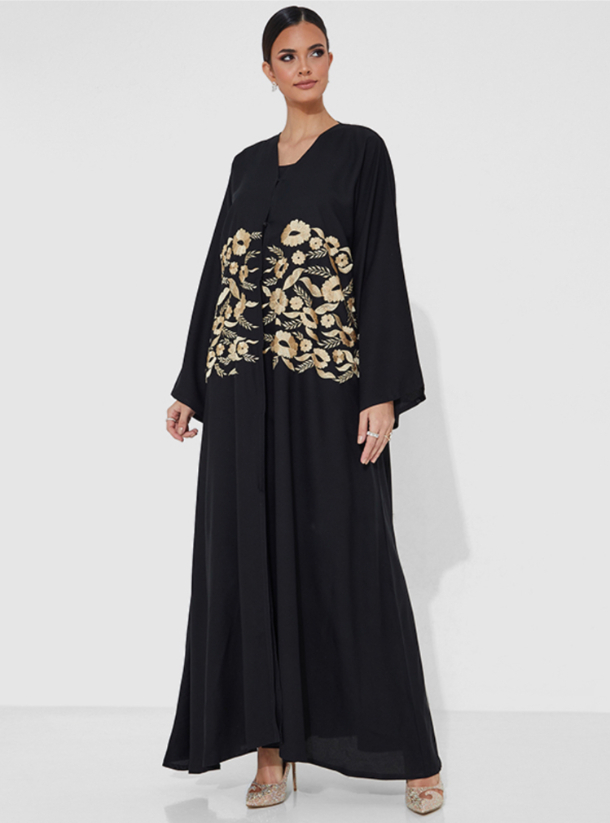 OE French Abay Black Abaya With Beige Embroidery Abayas From Rosette