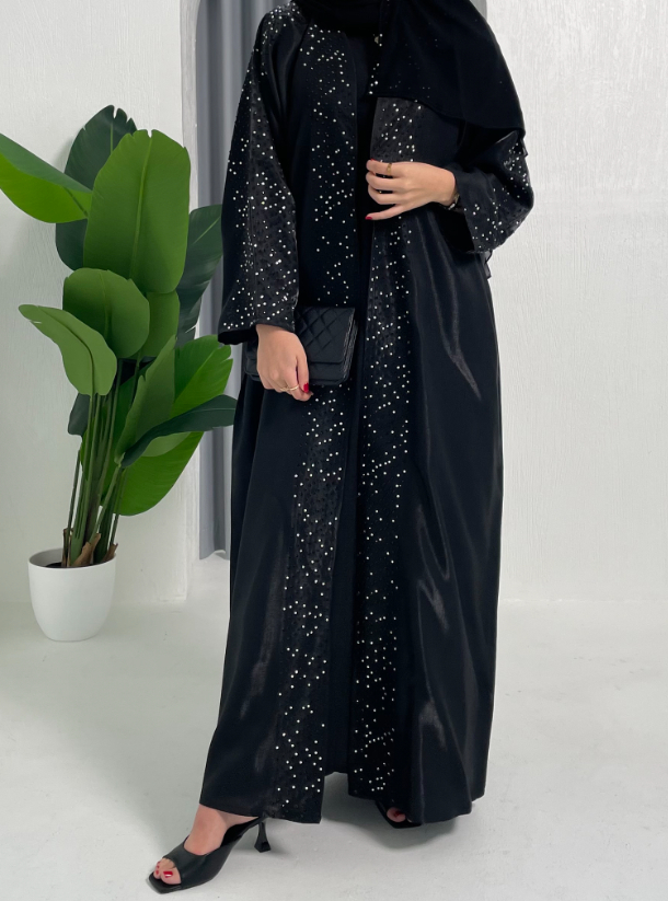 S Elegant Black Shinny Shimmer Abaya Bisht Style Adorned With