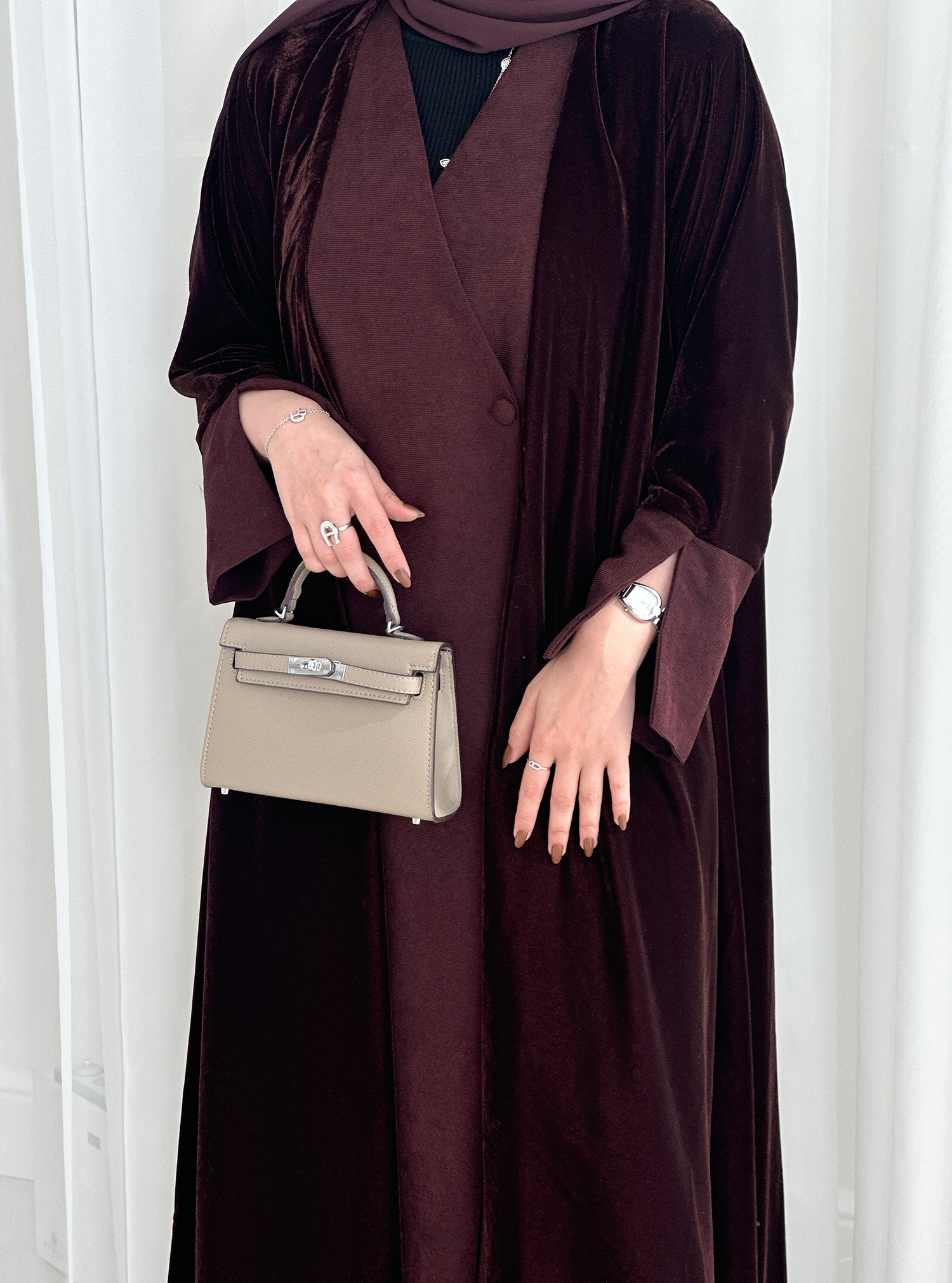 Brown Mukhmal Brown Winter Abaya In Velvet And Corduroy Comes With A