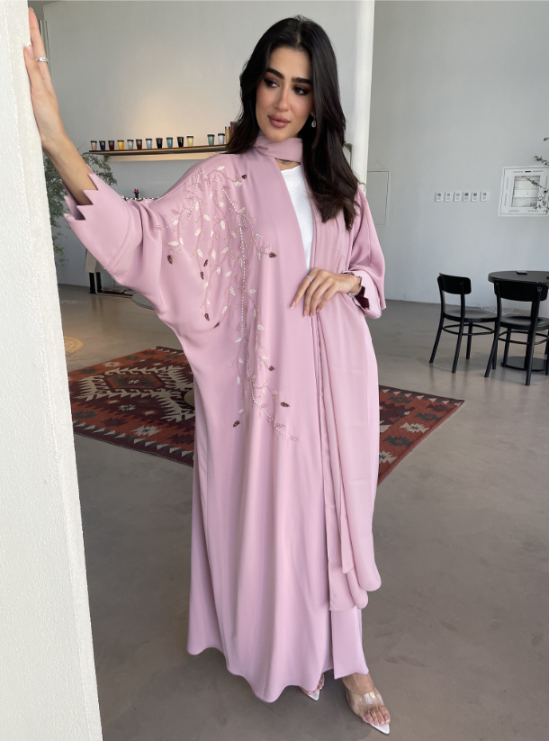 S113 Pink Bisht Abaya Adorned With Colored Crystals On The Chest For