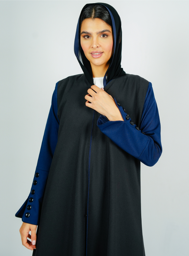 Black-R-202603 Stylish Black abaya with navy sleeves button style With ...