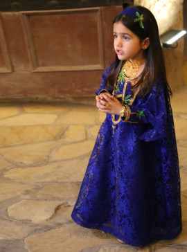 Boksha | oasis | Blue 2-3 Years Gulf heritage jalabiya with palm and camel embroidery colorful beads and gold accents