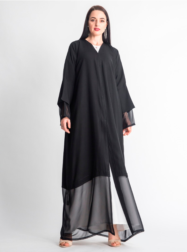 Layered Abaya Black Minimalist Layered Abaya with tulle hem and sleeve ...