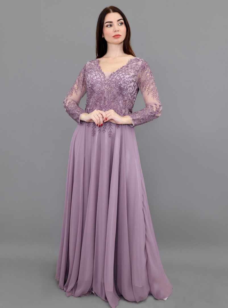 FM1123 Gown Lavender chiffon longsleeve evening dress featuring a luxe ...