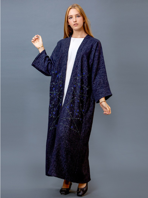 KM07 Abaya Dark blue Bisht Abaya with handmade floral embroidery Abayas ...