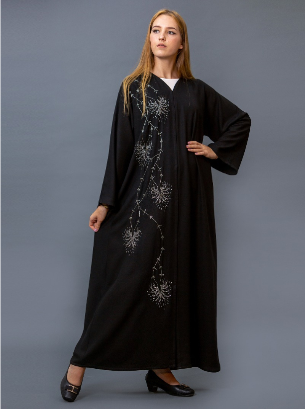 KM08 Abaya Black buttoned abaya with handmade intricate embellishment ...