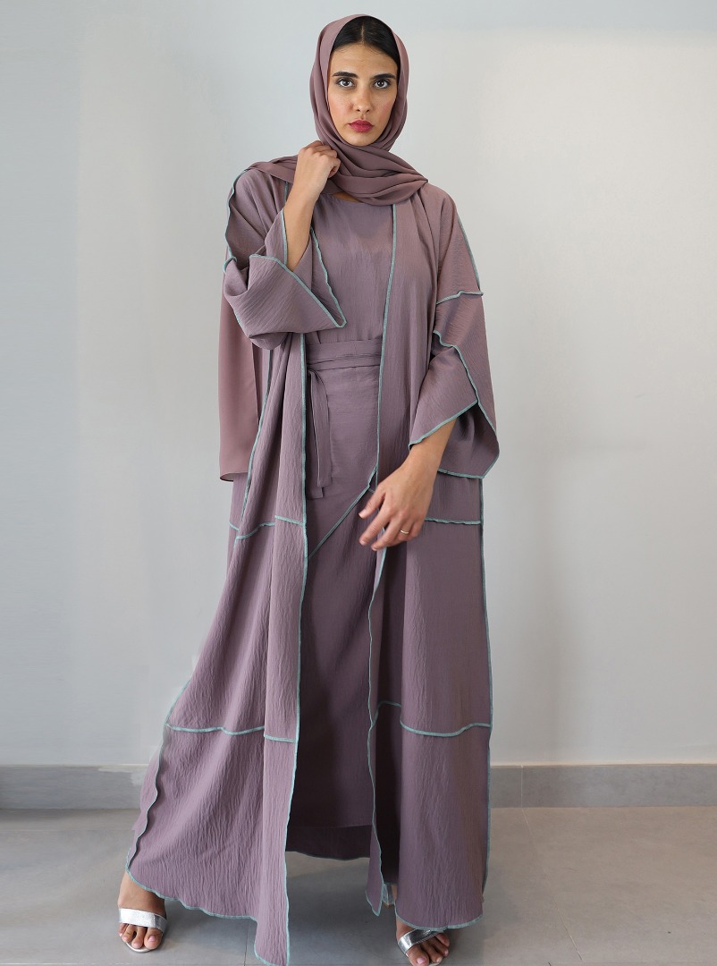 Model no 1034 This mauve set includes an abaya with petal sleeves, a ...