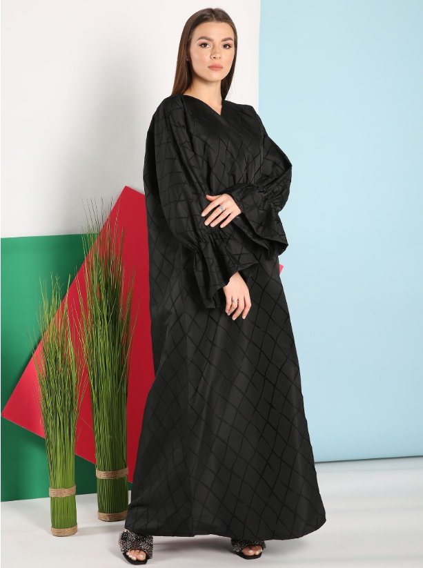 SS02 Abaya Black abaya featuring an abstract check pattern with ...
