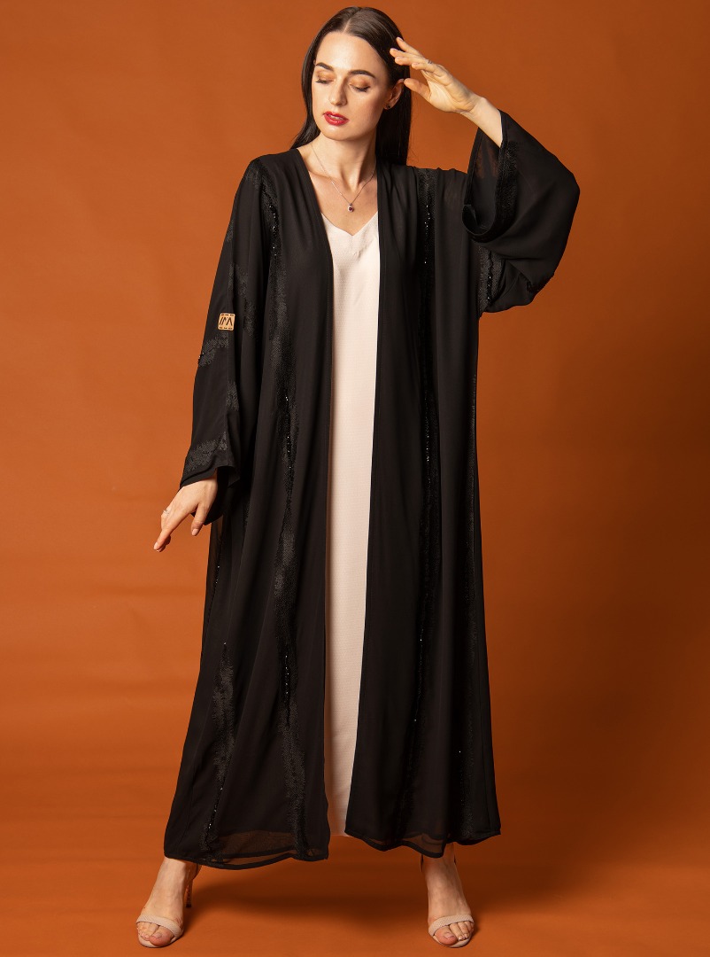 MKA - E20C01 Double layered black chiffon abaya with dainty embroidery ...