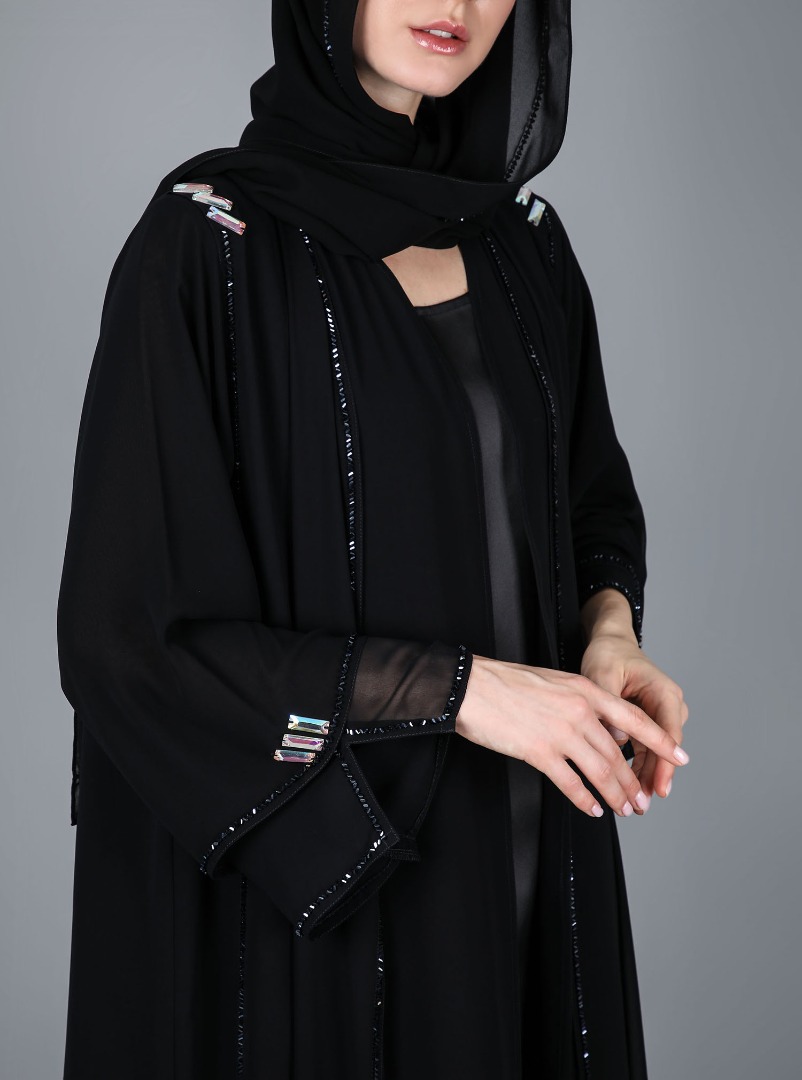 Md-101 Abaya Black flowy triple-layered chiffon abaya, adorned with  original Swarovski crystals. Abayas from Moments design at Boksha