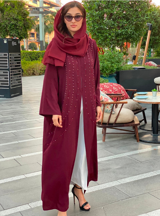 Maroon Abaya Maroon abaya decorated with multi-colored beadwork. Comes ...