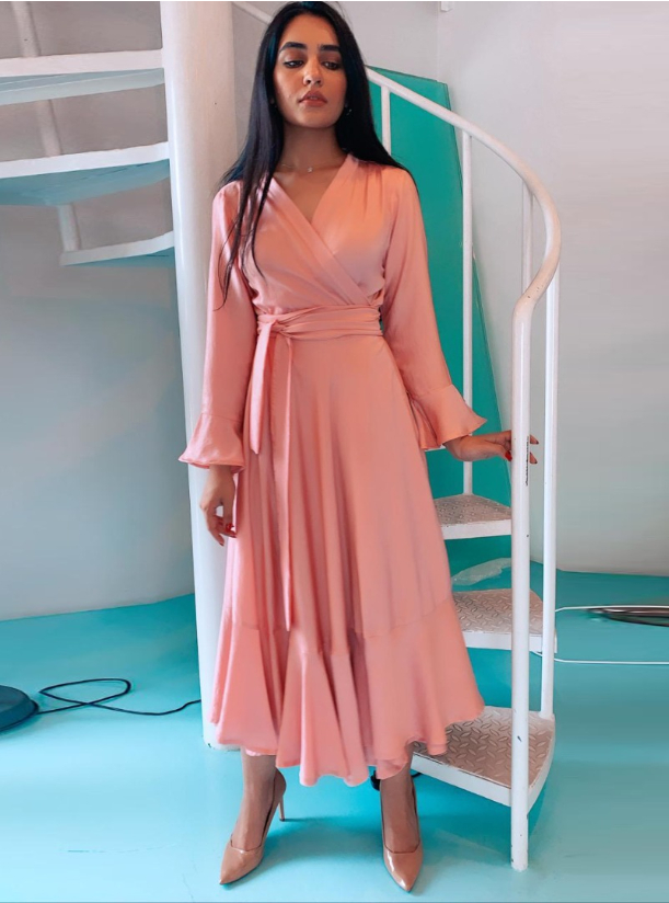 Pink wrap dress Dainty and flowy soft silk wrap pink dress with