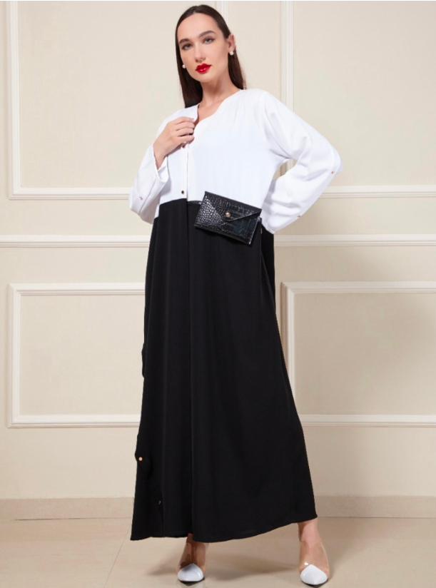Bag abaya Black & white colorblock abaya featuring an attached waist ...