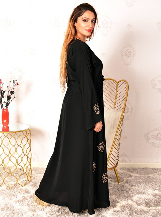 BSI3232-Black Black abaya with tie-on drawstring waist, adorned with ...