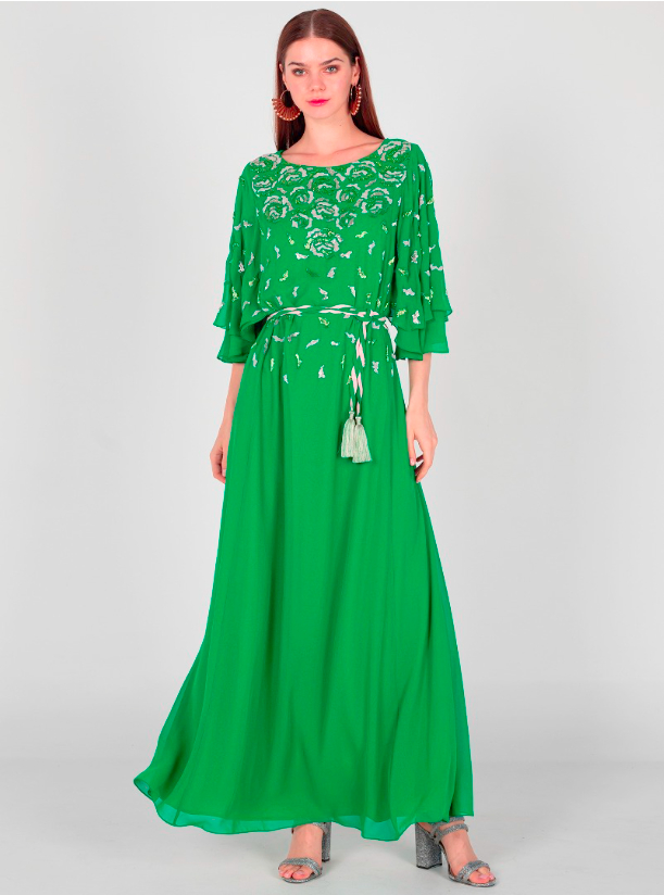 MARIA KAFTAN Green kaftan with layered flutter sleeves, adorned with ...