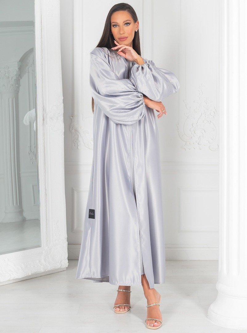 OFW18 Abaya Set Three-piece abaya set with bubble sleeves, adorned with ...