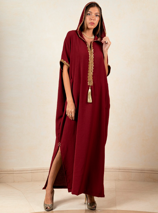 Royal Kaftan Burgundy Crape Fabric With Gold Beaded Border. Length 55 