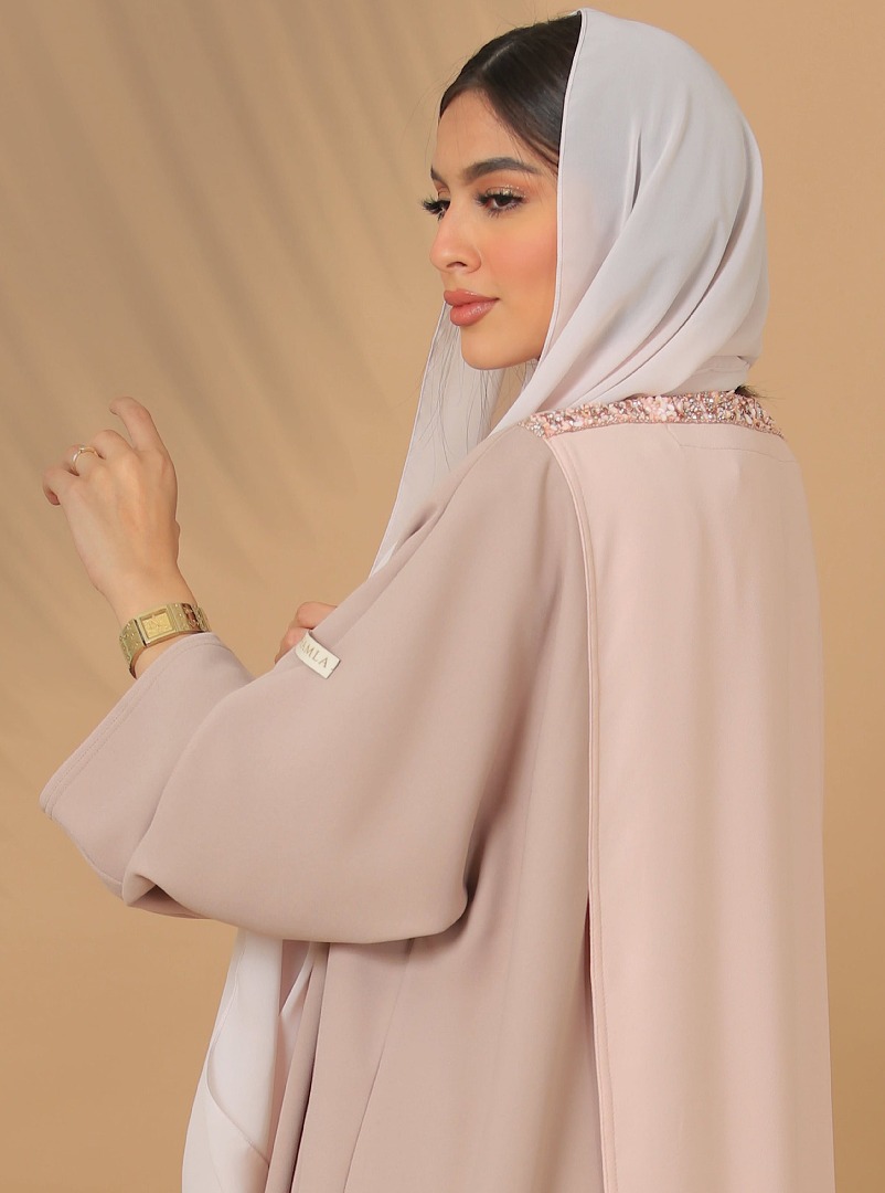 SS21-18 Two-tone abaya with stone details. Available in other colors.  Abayas from Shamla Abayas at Boksha