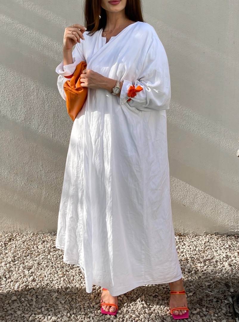 Linen white The abaya comes with 6 different colors of hand ribbons and ...
