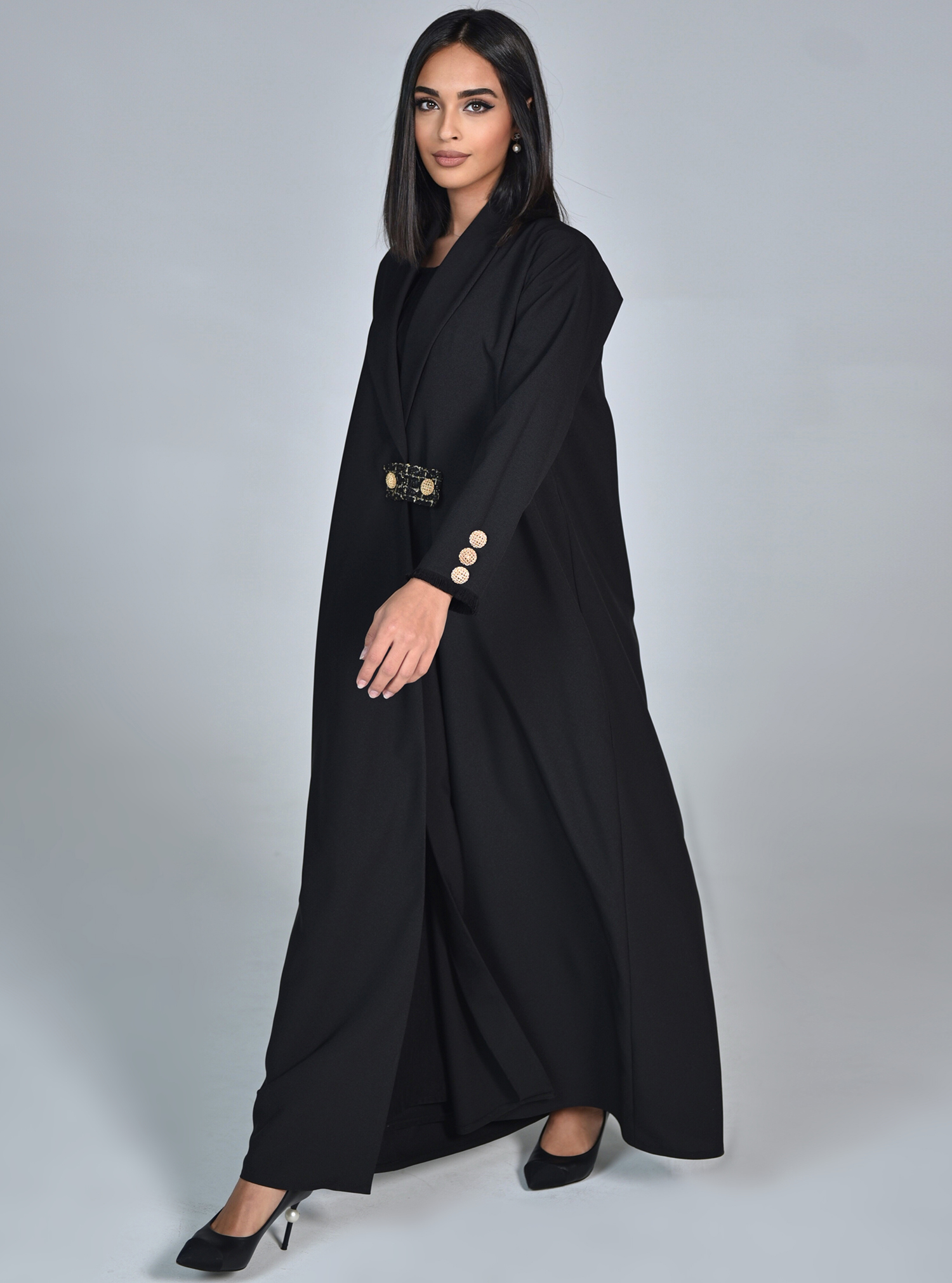 WR02 fowa abaya with gold buttons Abayas from Shadow by Asma at Boksha