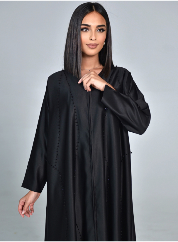 WR03 Abaya Black abaya with A-line silhouette, adorned with black ...