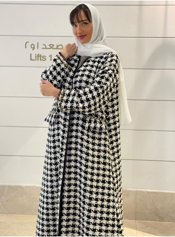 CD400447 Black Wool cotton abaya in black and white checkered with a ...