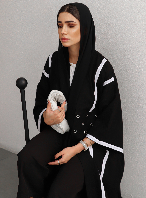 Code:s106 Abaya Black loose fitting open abaya with contrast white ...