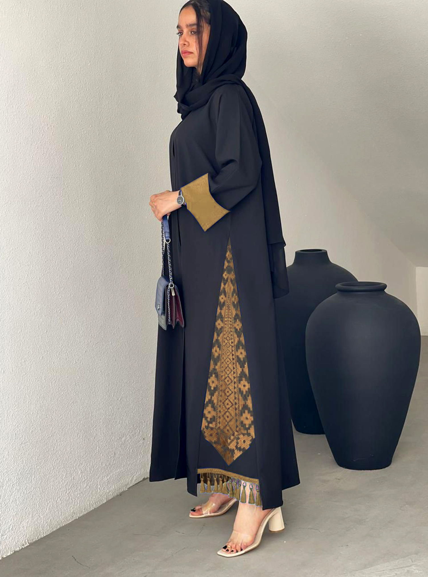 Tan-Emb Abaya Black abaya with contrasting tansleeve cuff and ...