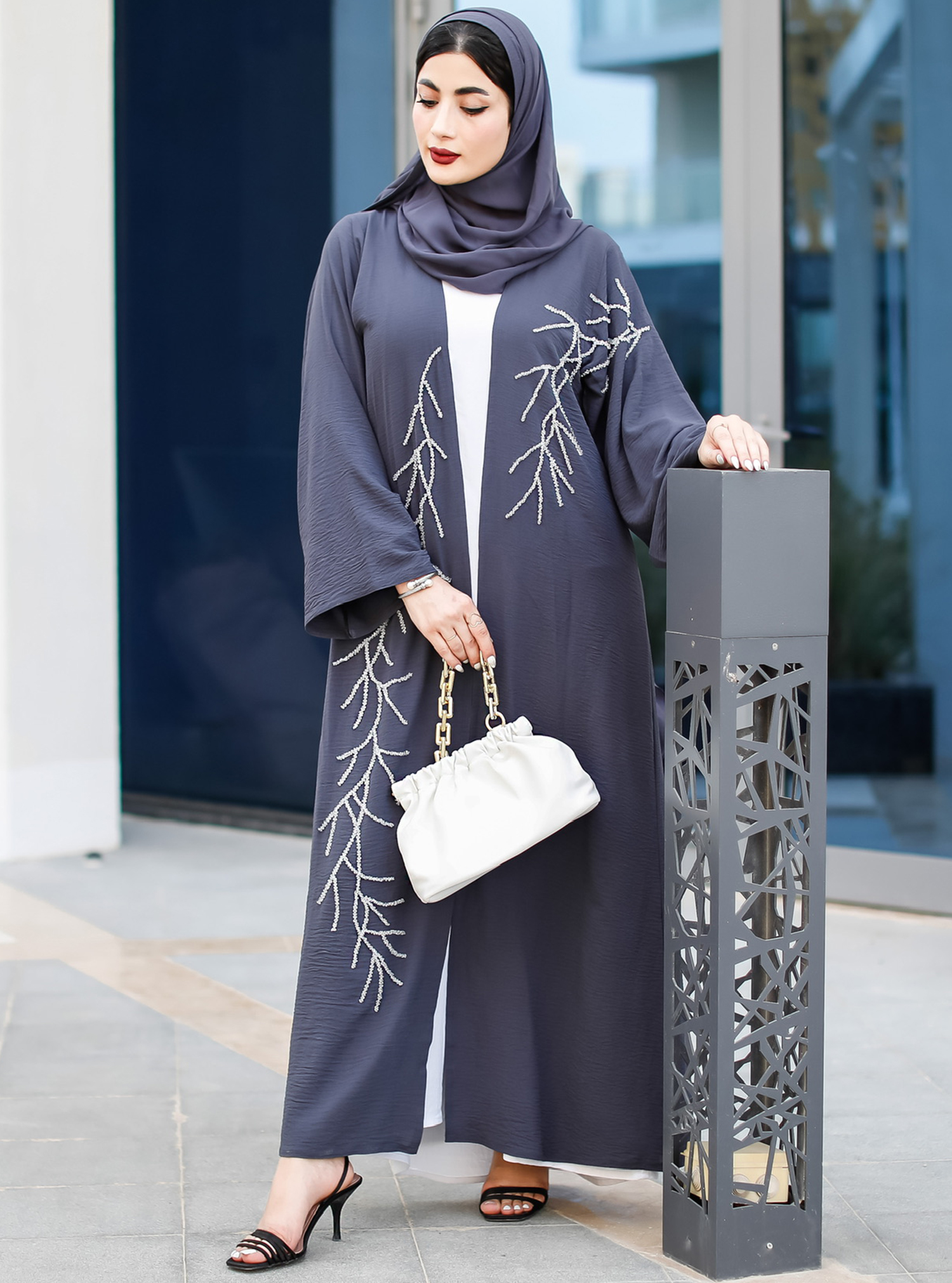 Grey bead abaya Grey beaded abaya design with hand work stone pattern ...