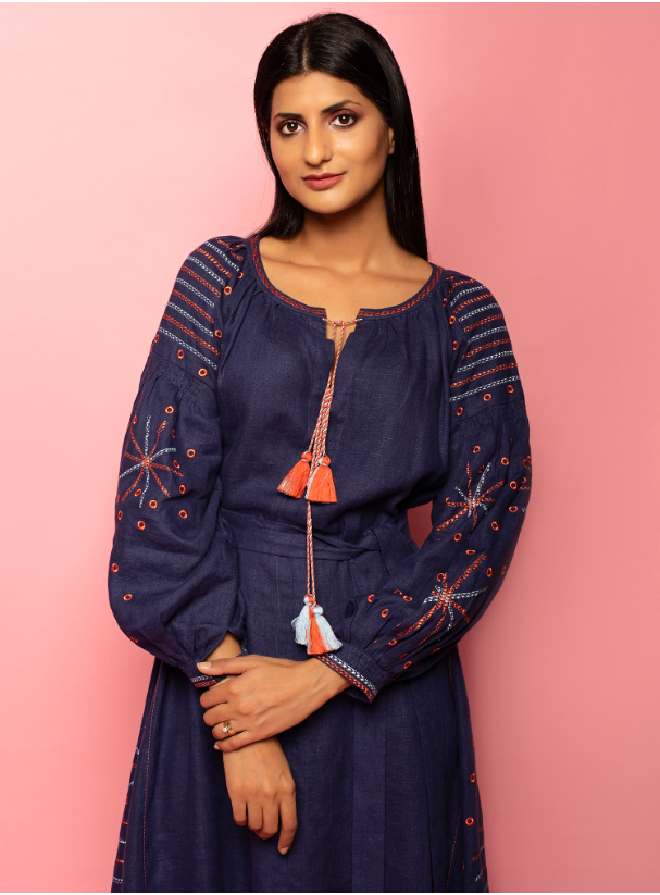 Linen Dress Embroidered Linen Dress featuring Long Voluminous Balloon