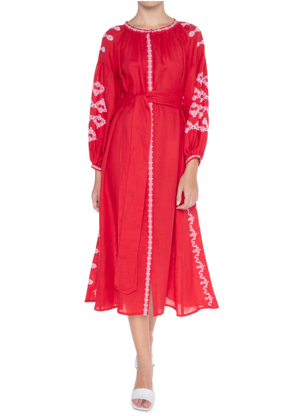 Linen Dress Hand Embroidered Linen Dress featuring Centre front button