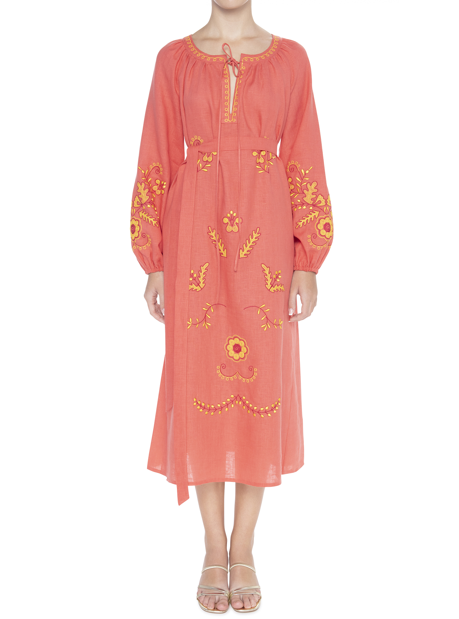 Linen Dress Embroidered Linen Dress featuring Tieup fastening and Long