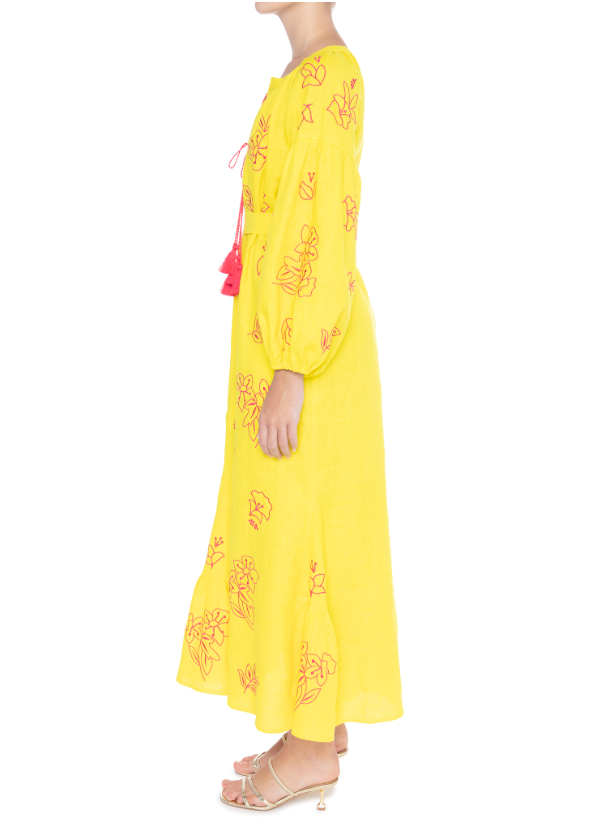 Linen Dress Embroidered Linen Dress featuring Long Voluminous Balloon