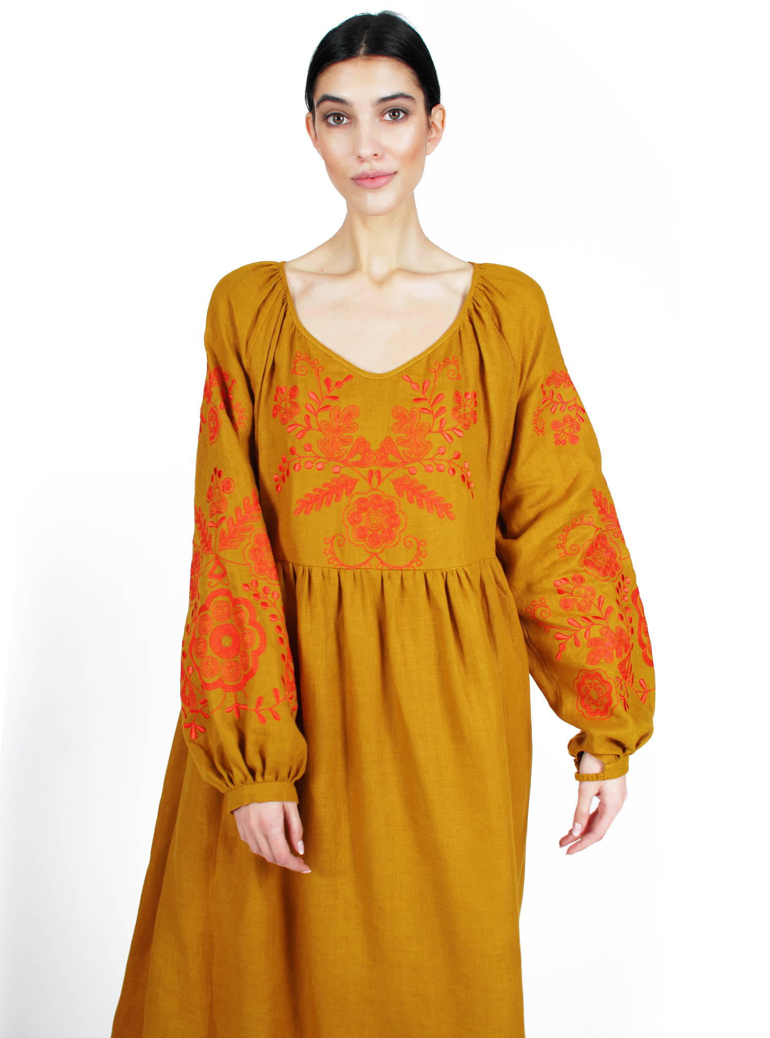 Linen Dress Embroidered Linen Dress featuring Long Voluminous Balloon