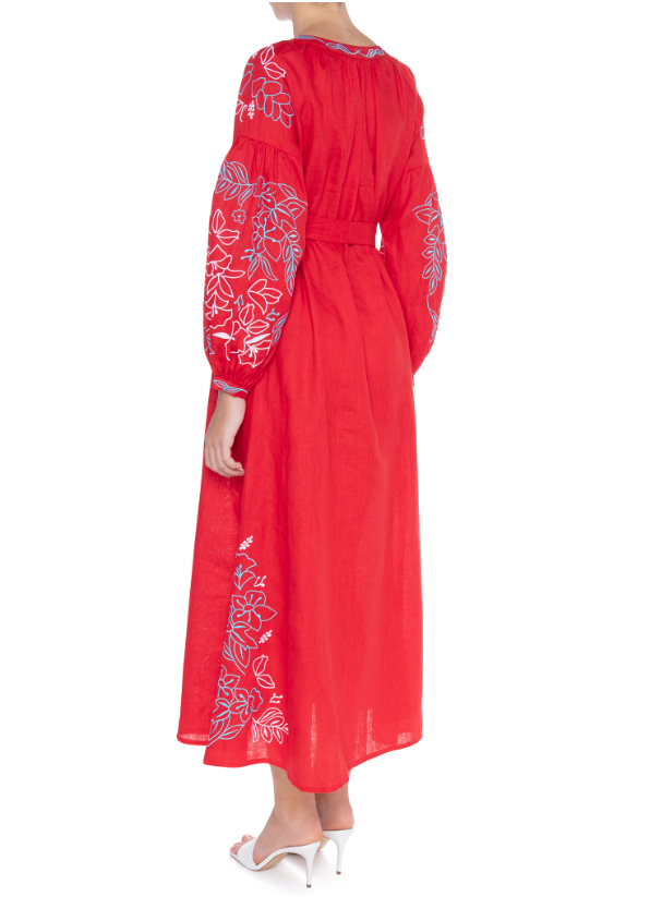 Red Dress Embroidered Linen Dress featuring Long Voluminous Balloon