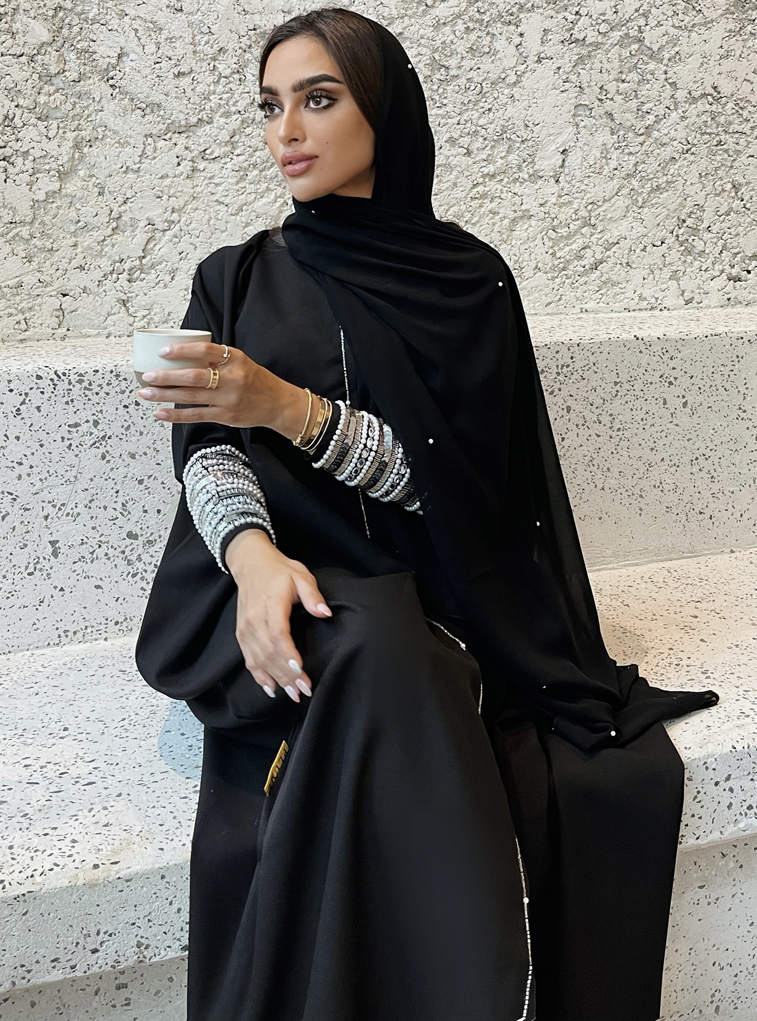 P49t Abaya Black abaya featuring a metallic embellished sleeve detail ...