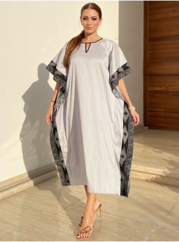 Kaftan Mesh Kaftan with V neckline crafted from Raw silk designed with ...