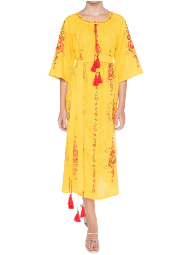 Long Dress Embroidered Linen Dress featuring Flutter Sleeves and Snap