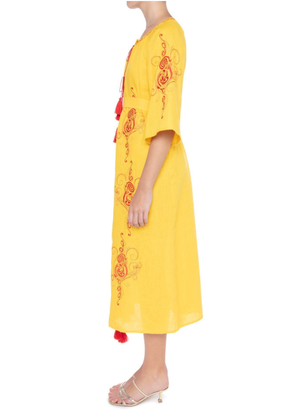 Long Dress Embroidered Linen Dress featuring Flutter Sleeves and Snap