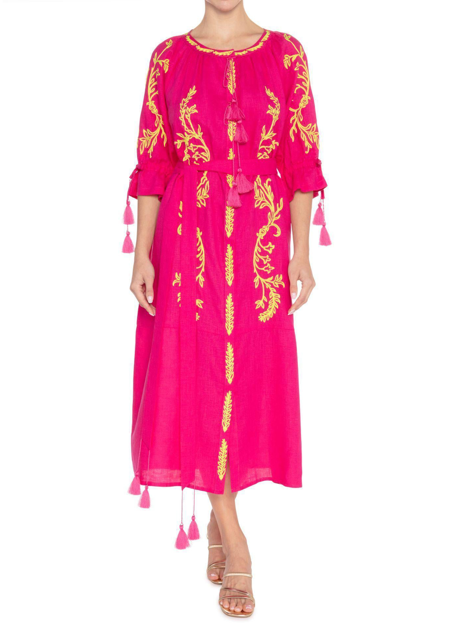 Long Dress Embroidered Linen Dress featuring Sleeves with tassel ends