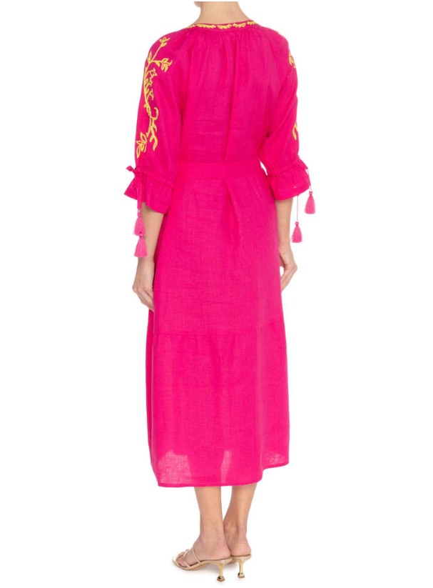 Long Dress Embroidered Linen Dress featuring Sleeves with tassel ends