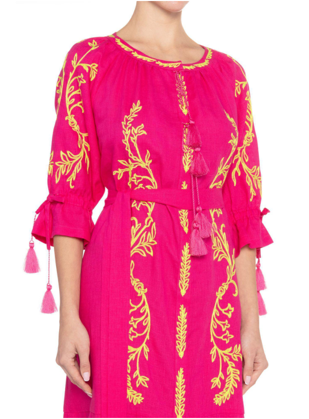 Long Dress Embroidered Linen Dress featuring Sleeves with tassel ends