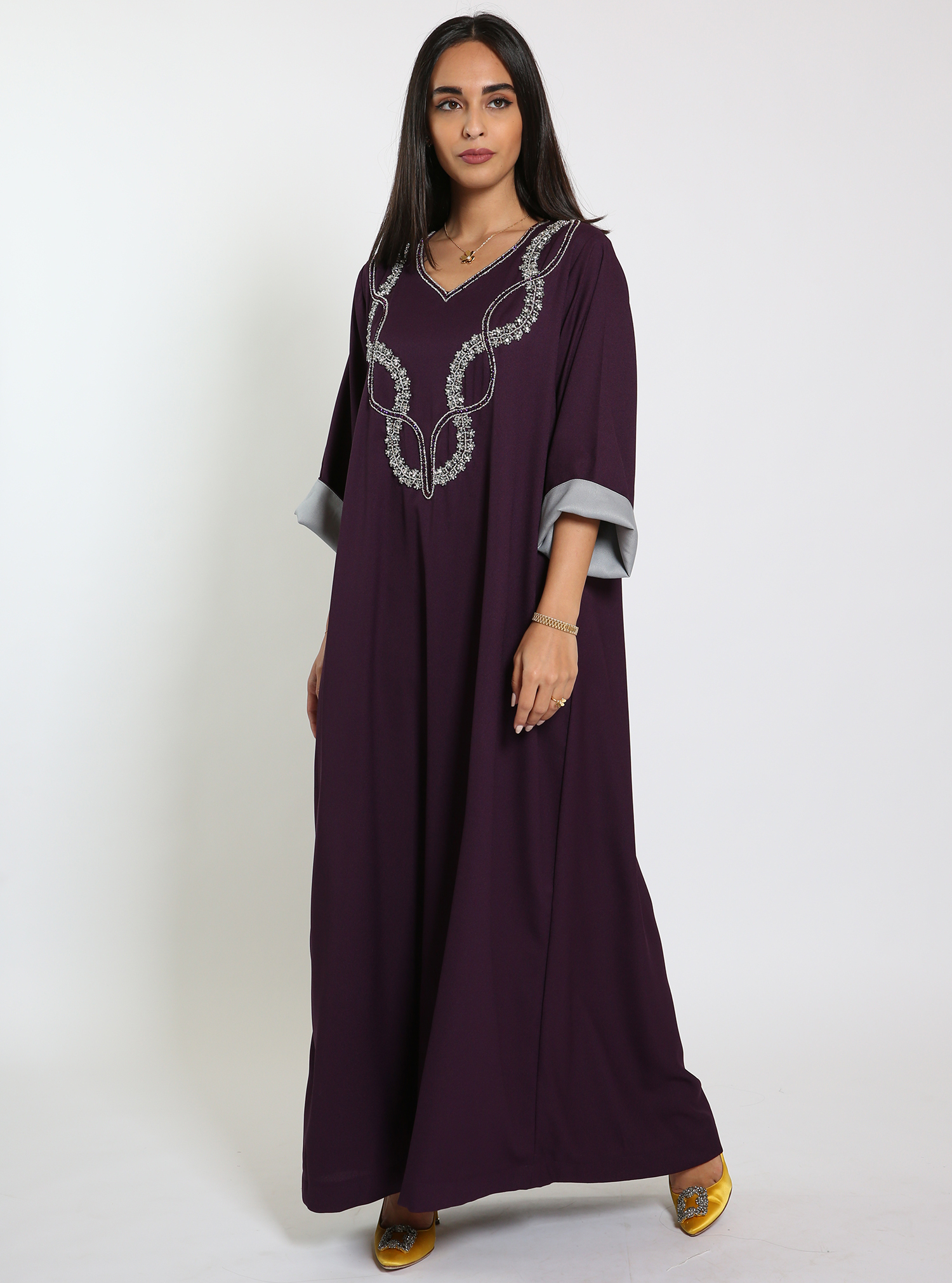 D2863LA Lavender jalabiya dress with embellish of beads & crystal stone ...