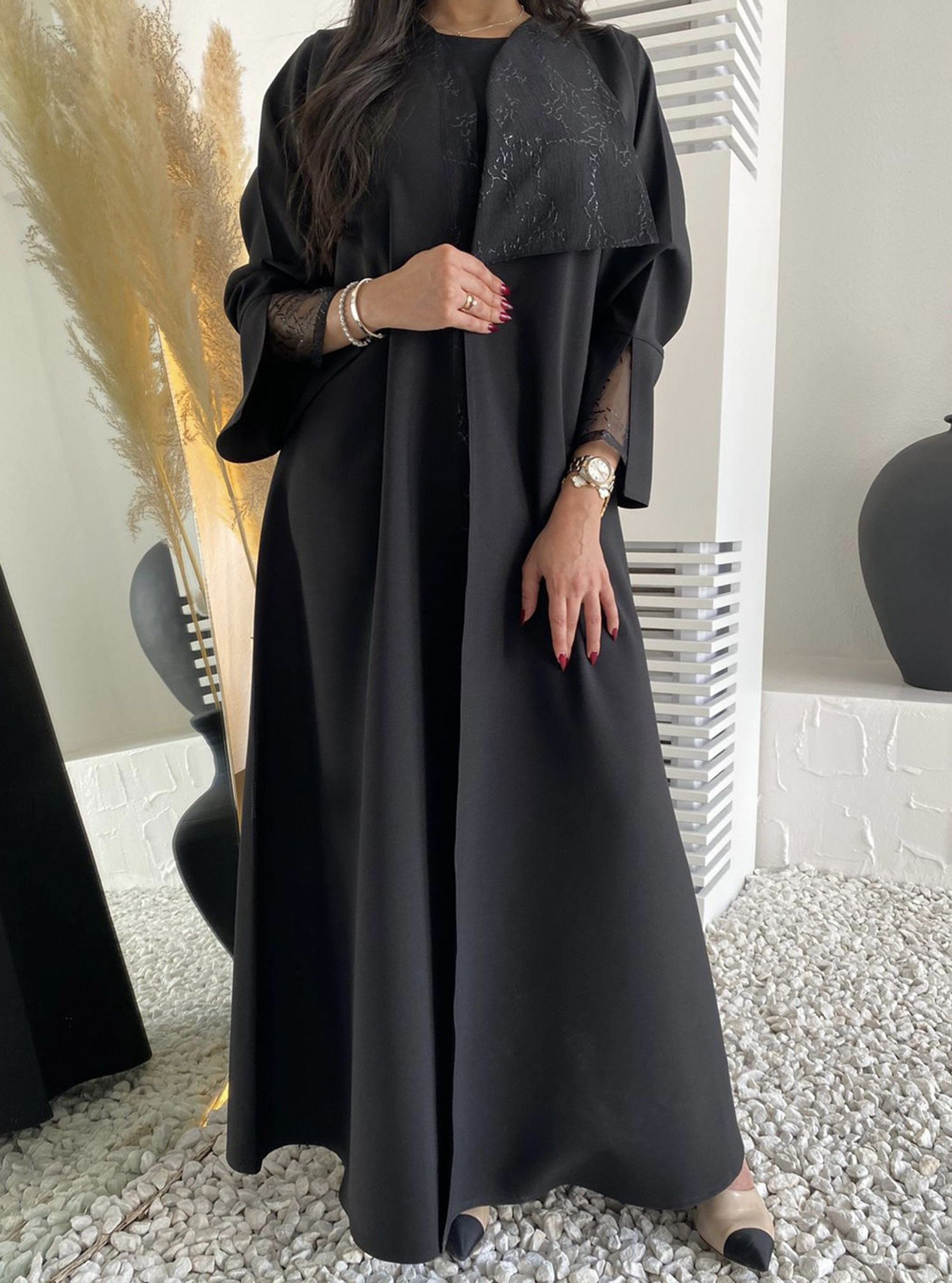 Lilya1 Black Crepe Abaya with tulle trimmings, it comes with a matching ...