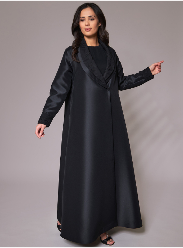 Black satin Double Collar Linen Black Abaya. Made from luxurious satin ...