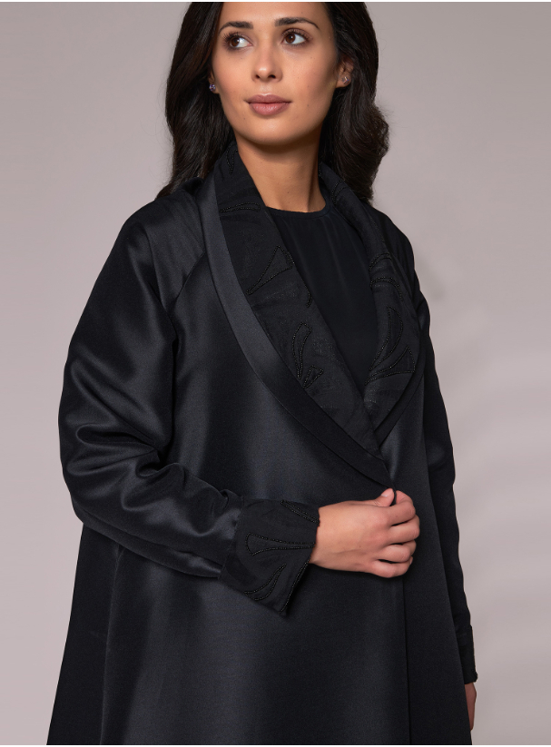 Black satin Double Collar Linen Black Abaya. Made from luxurious satin ...