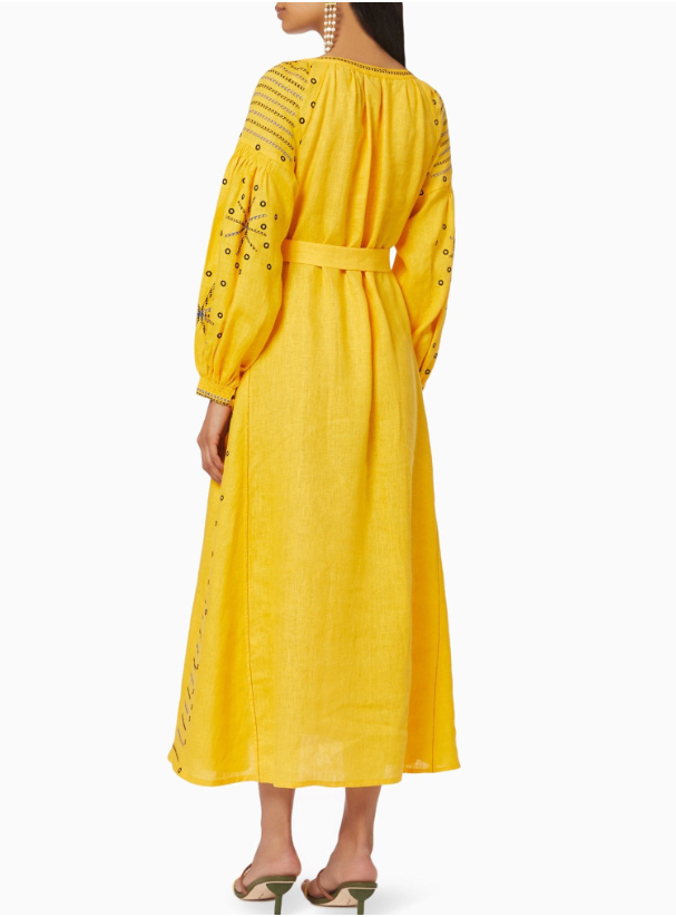 Linen Dress Embroidered Linen Dress featuring Long Voluminous Balloon