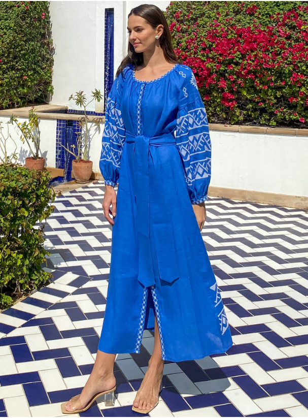 Linen Dress Hand Embroidered Linen Dress featuring Long Voluminous